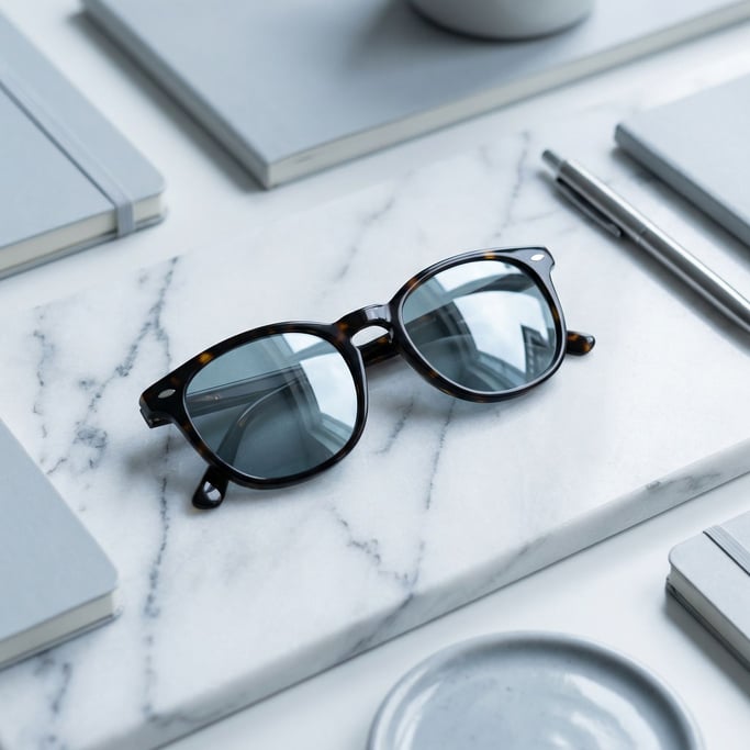A pair of sunglasses on a white marble surface, reflections in the lenses, cool tones (3ela4hsn)