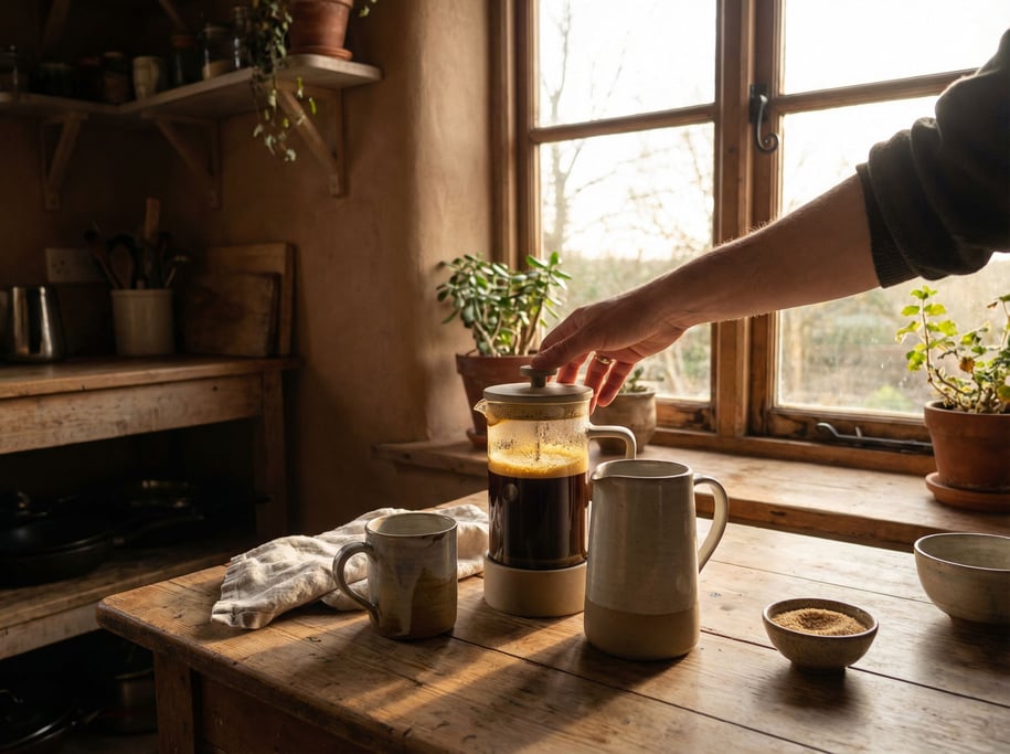 A French press full of coffee, golden crema on top, hand reaching for the plunger, morning ritual (nbu)