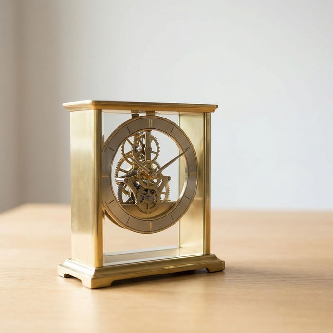 A brass desk clock with an exposed mechanism, gears visible through a glass back, ticking (b4bws5vs)