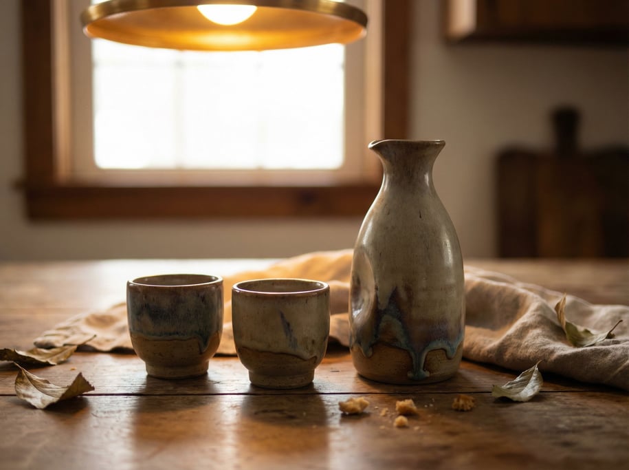 A pair of ceramic sake cups next to a tokkuri flask, glaze pooling at the base, warm overhead light (mgh6i4)