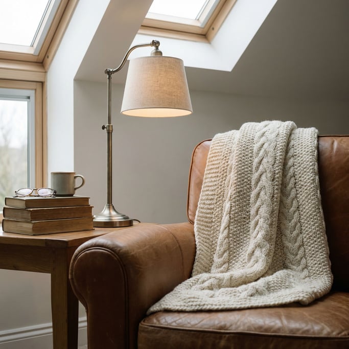 A wool blanket draped over the arm of a leather chair, cable knit pattern visible (sgg)