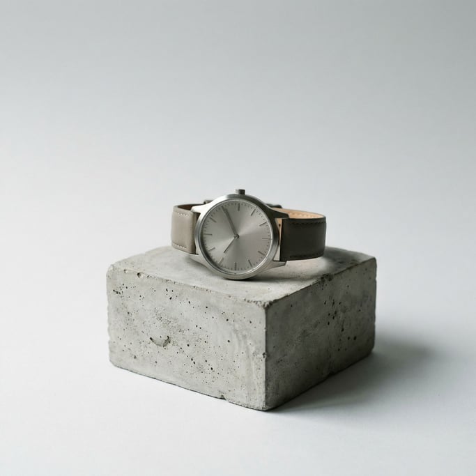 A minimalist watch on a concrete display block, brushed steel case, soft overhead light (ef3euwfo)
