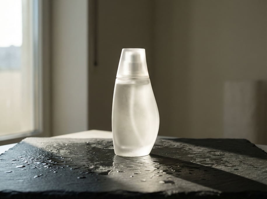 A frosted glass perfume bottle on a wet dark stone surface, water droplets catching light (b9nwlivi)