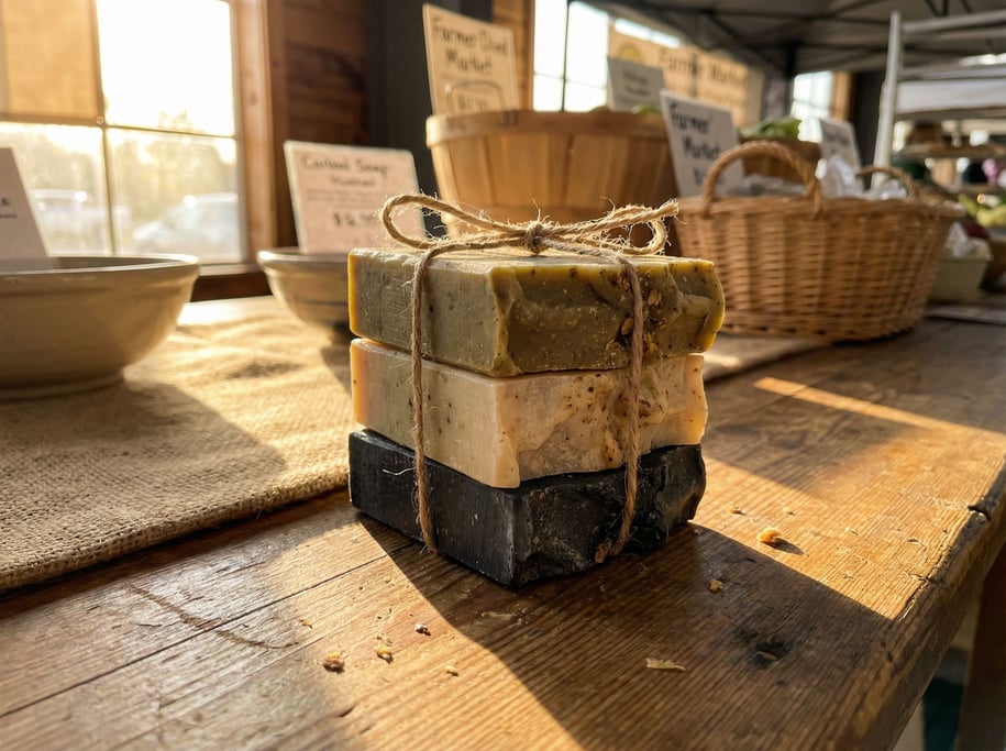 A small stack of artisan soap bars, different natural colors, tied with twine (utckyj6e)