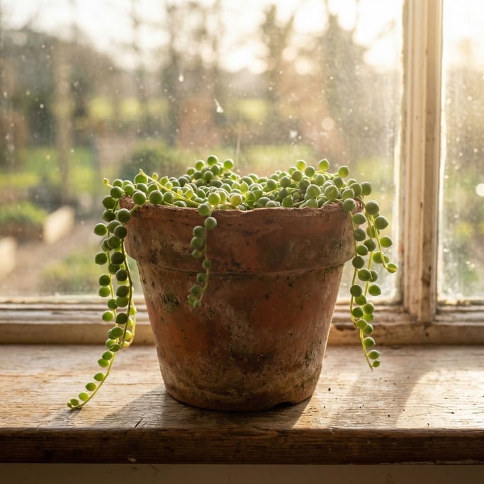 A terracotta plant pot with a trailing string-of-pearls succulent, morning windowsill light (gf5)