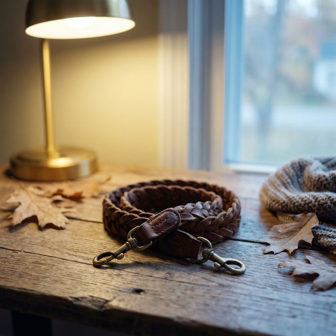 A vintage camera strap coiled on a wooden surface, braided leather showing years of neck wear (srs2hr)