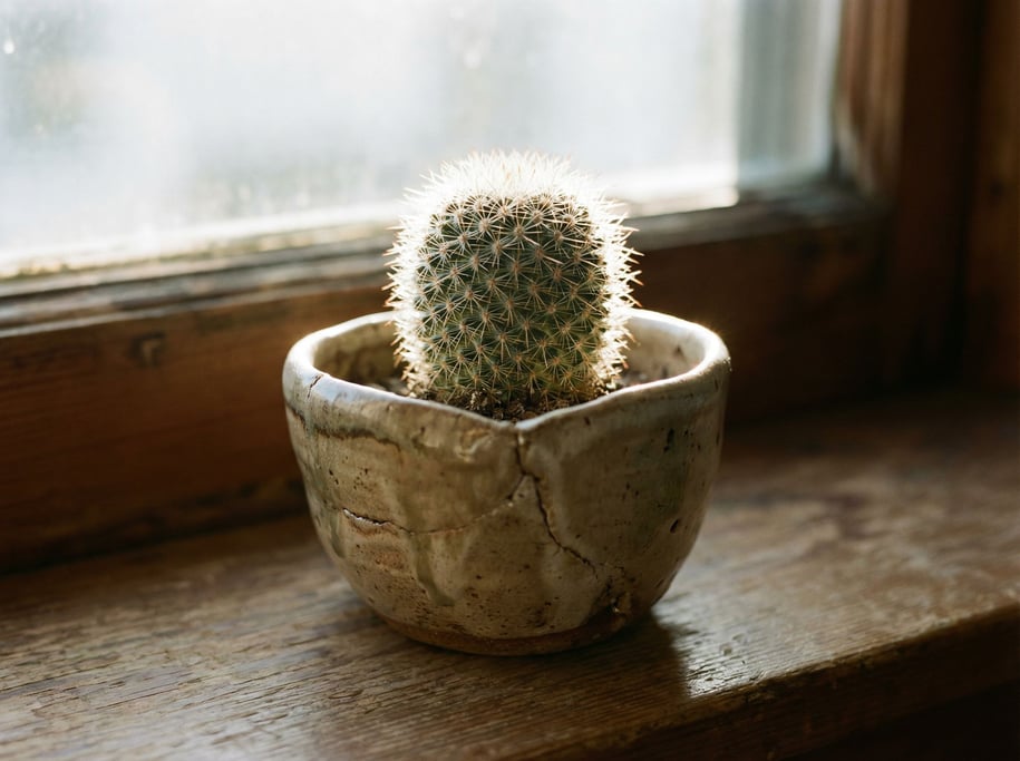 A small cactus in a hand-thrown ceramic pot, spines catching backlight, creating a halo effect (uld2krd)