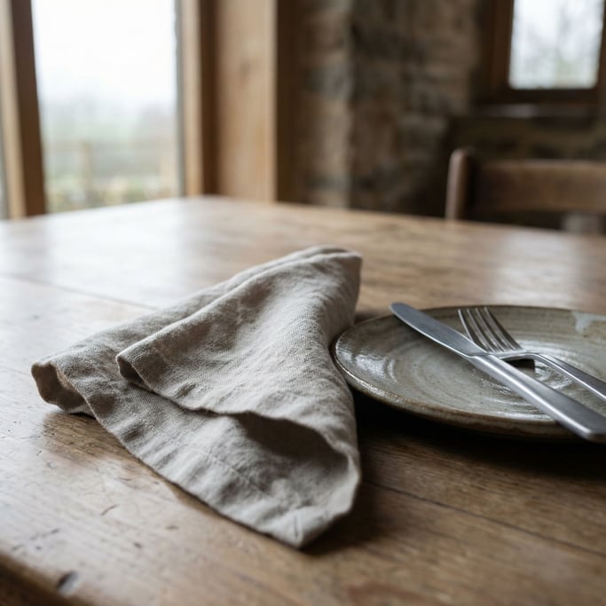 A linen napkin loosely folded beside a ceramic plate and steel cutlery, natural materials (tedsrha)