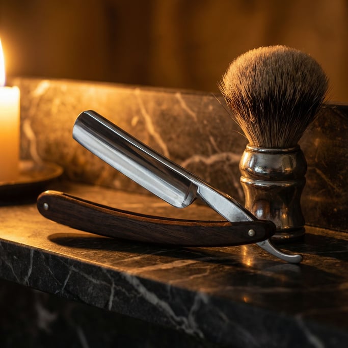 A vintage straight razor open on a marble shelf, chrome catching hard light, badger brush beside it (7co72n2d)
