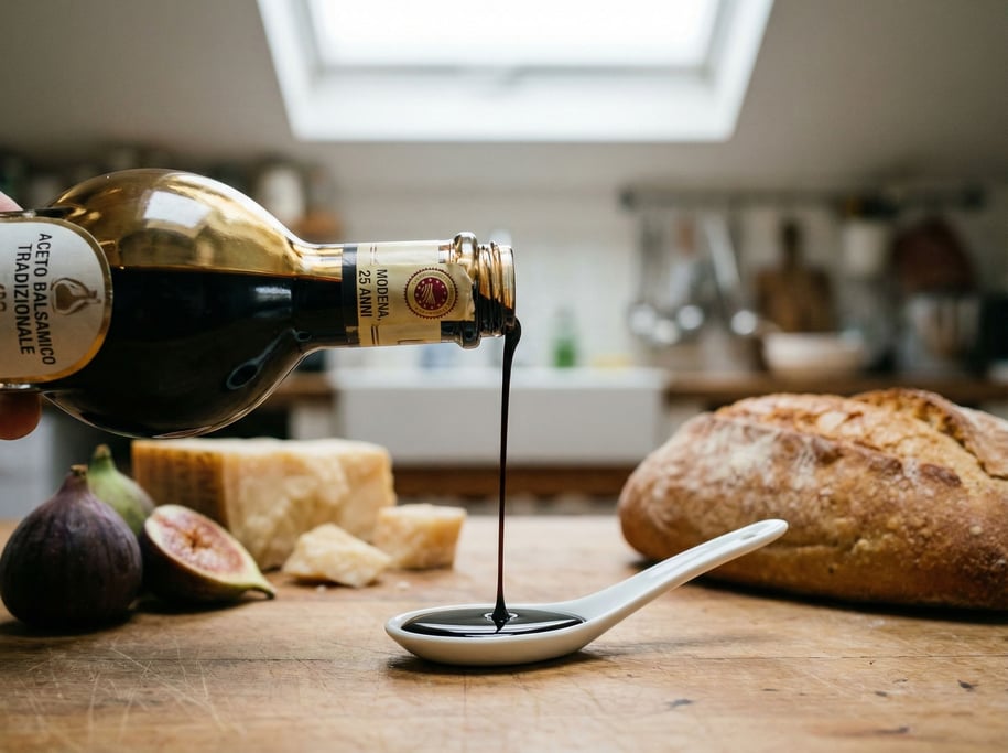 A bottle of aged balsamic vinegar, thick and dark, being poured onto a white spoon (lazhqvt)