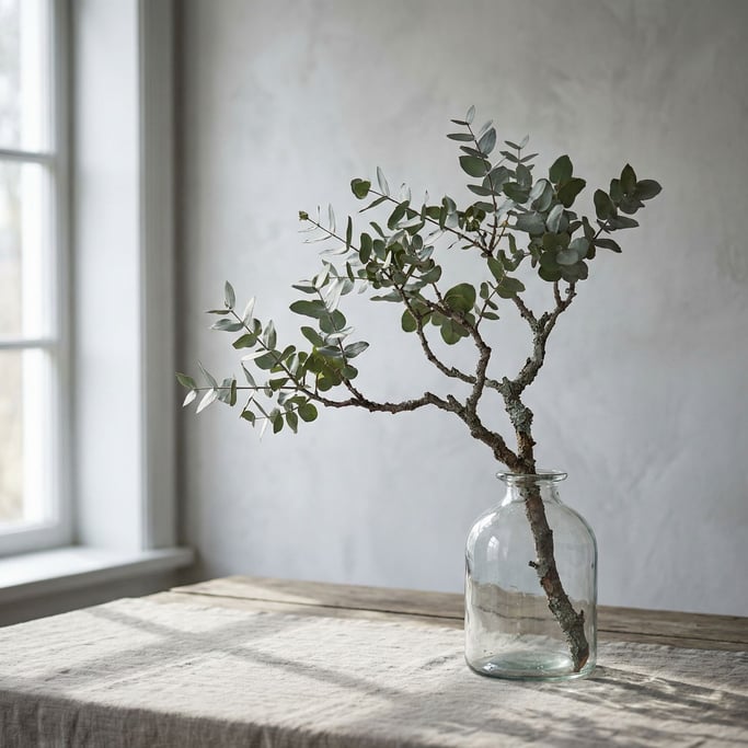 A single eucalyptus branch in a clear glass vase, backlit against a pale gray wall (i5)