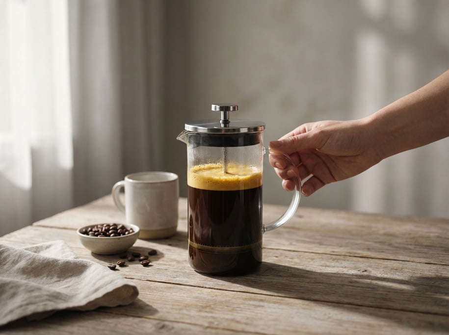 A French press full of coffee, golden crema on top, hand reaching for the plunger, morning ritual (eqnztkbb)