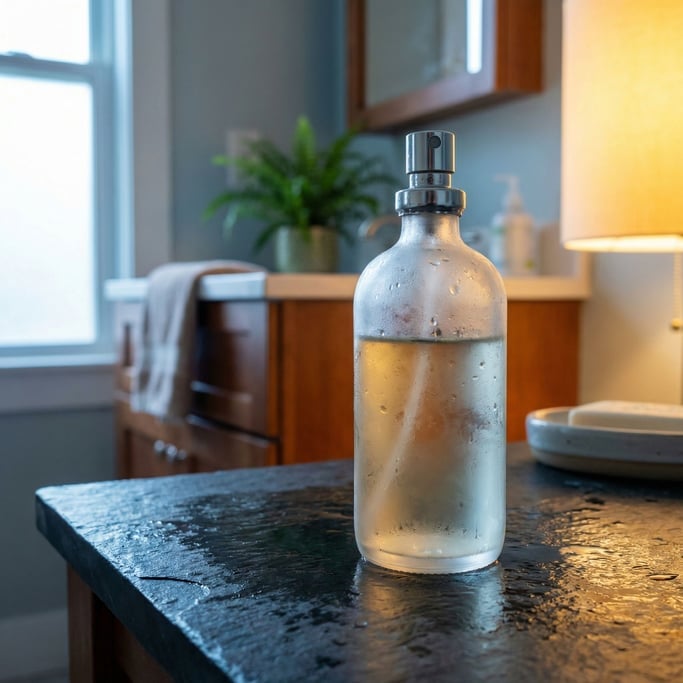 A frosted glass perfume bottle on a wet dark stone surface, water droplets catching light (xu0sh8ky)