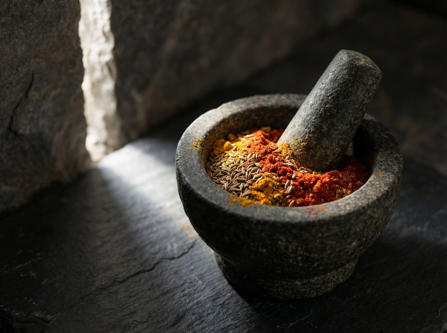 A mortar and pestle with freshly ground spices, colorful powder against gray stone, aromatic implied (crue6p)