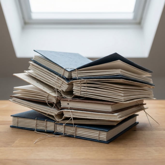 A stack of handbound notebooks with different cover papers (e)