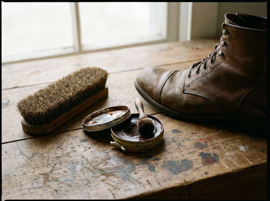 An open tin of shoe polish next to a horsehair brush and a leather boot, analog maintenance ritual (abdva8rv)