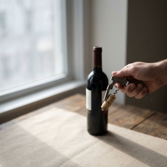 A corkscrew and wine cork mid-pull, red wine bottle in soft focus behind, ritual of opening (tdogvfmm)