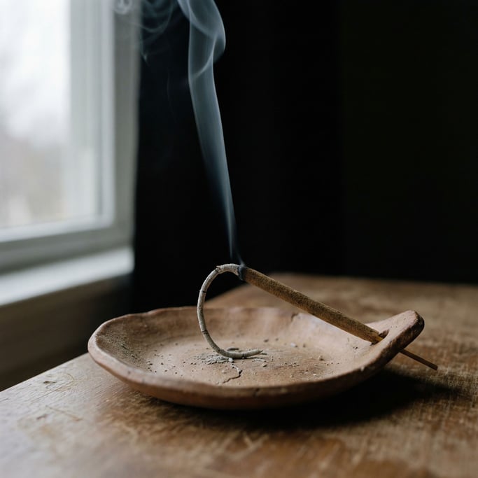An incense holder with a smoking stick, ash curling in a thin line, single wisp rising against black (4vkldzle)