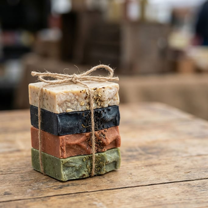 A small stack of artisan soap bars, different natural colors, tied with twine (mhne37)