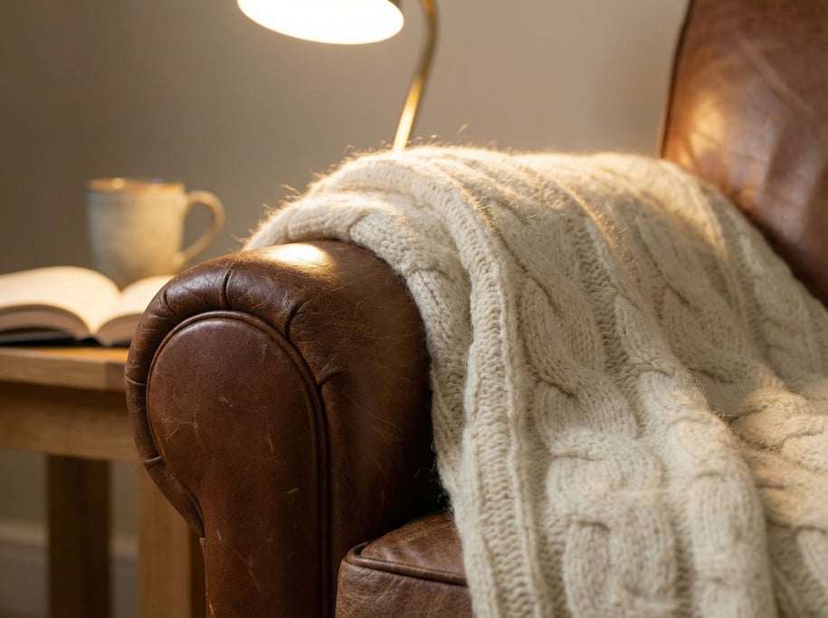 A wool blanket draped over the arm of a leather chair, cable knit pattern visible (zvjhdrd5)