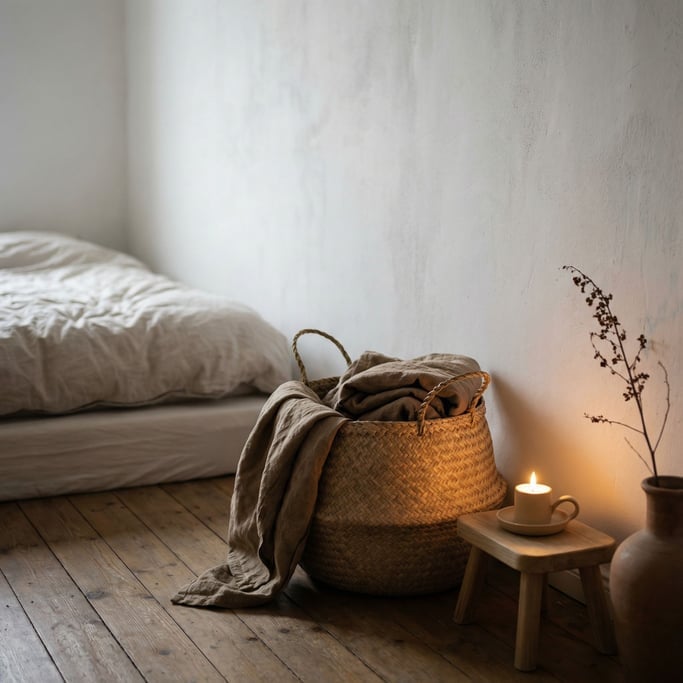 A woven seagrass basket holding folded linen blankets, corner of a minimal bedroom (8d1mfjvq)