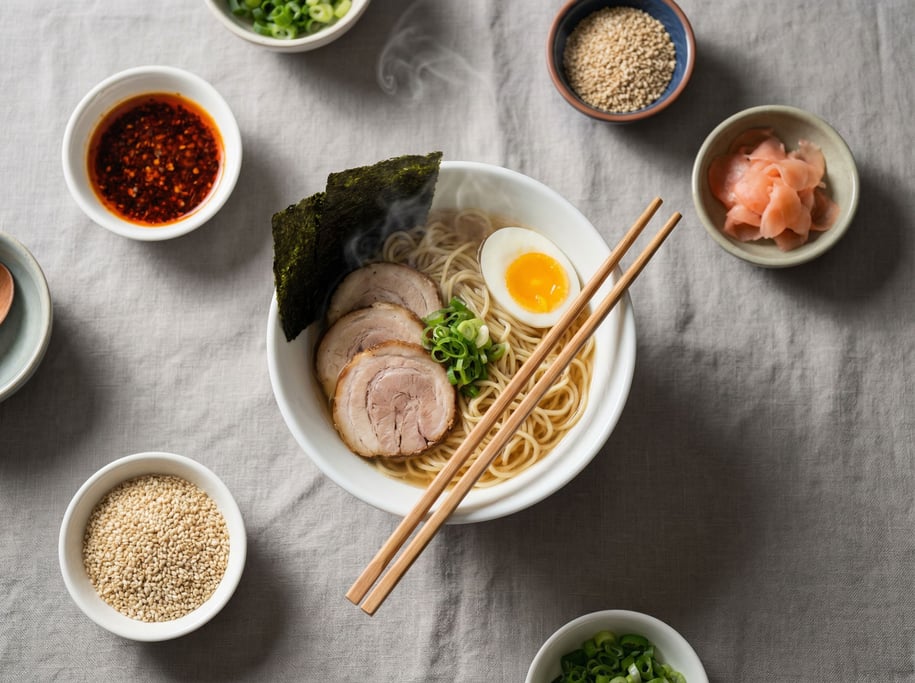 A porcelain bowl of ramen, chopsticks resting across the rim, steam rising, overhead shot (qo0qiyti)