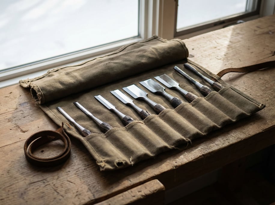 A set of Japanese woodworking chisels in a roll-up canvas case, blades polished mirror-bright (8bnt09wz)