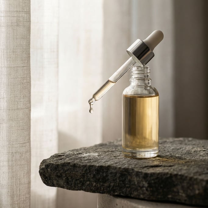 A dropper bottle of facial serum on a stone slab, single drop suspended from the glass pipette (m4zb1vx1)