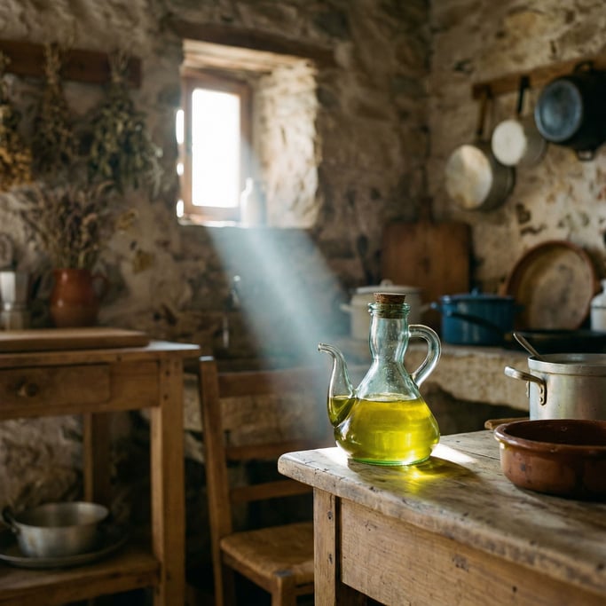A clear glass oil cruet catching window light, olive oil inside glowing golden-green (ujdwmaii)