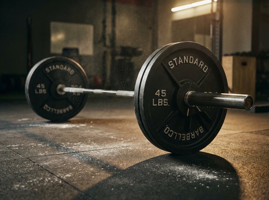 Cinematic close-up of a heavy barbell loaded with matte black iron plates resting on a rubber gym fl