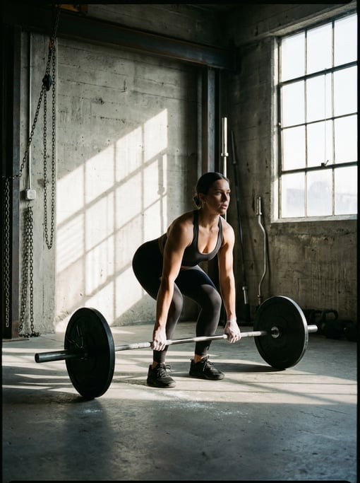 Athletic woman mid-deadlift in a minimal concrete gym, wearing dark fitted activewear