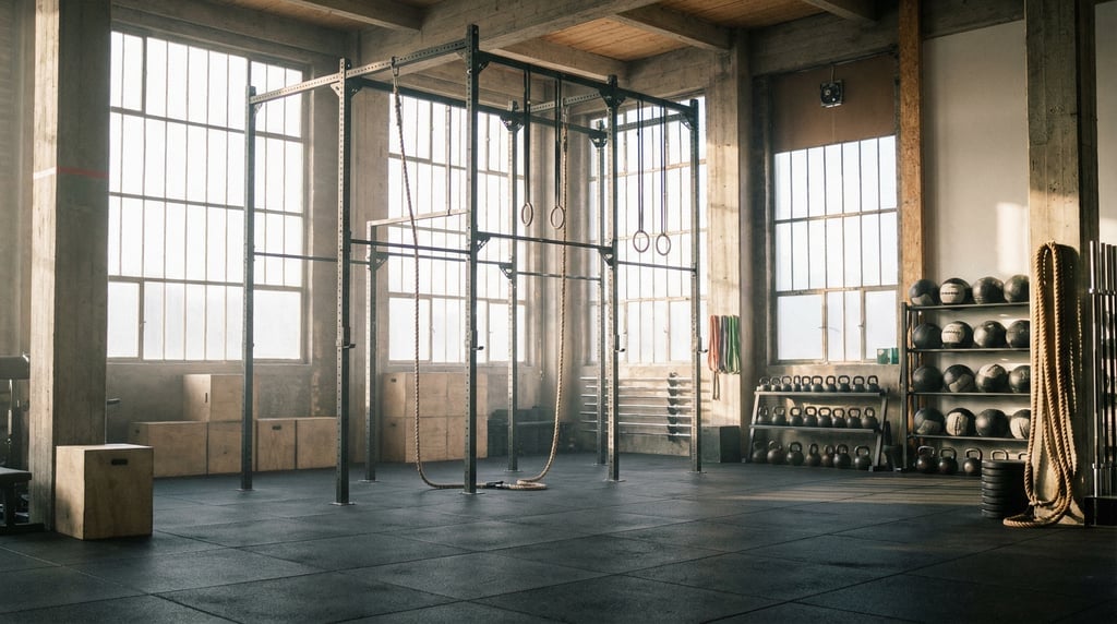 Wide shot of an empty modern CrossFit gym with pull-up rigs, plyo boxes, ropes