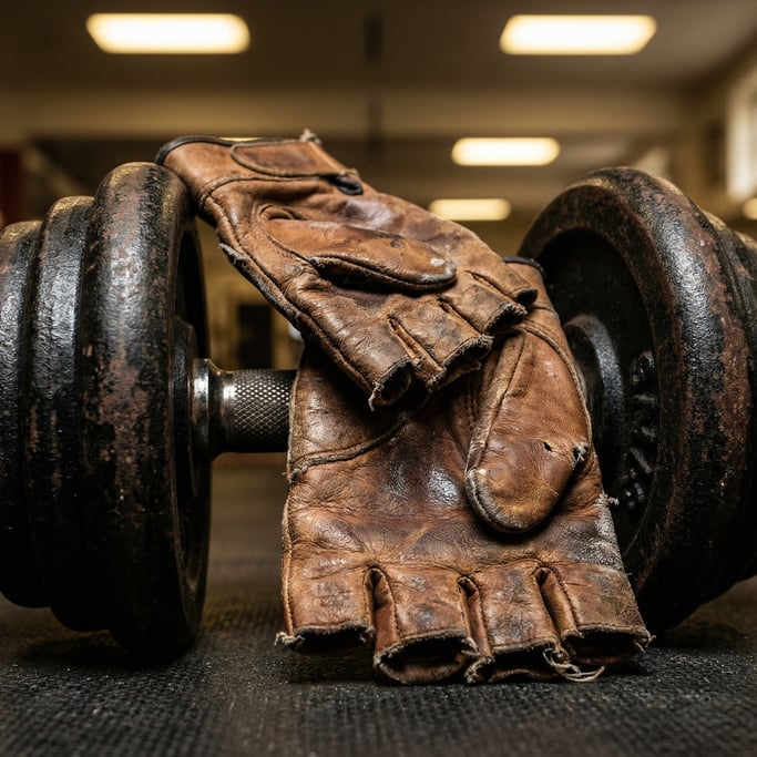 Close-up of a pair of worn leather weightlifting gloves resting on a black iron dumbbell