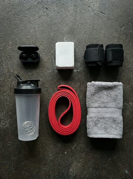 Overhead flat lay of gym essentials on dark concrete: wireless earbuds, chalk block, wrist wraps