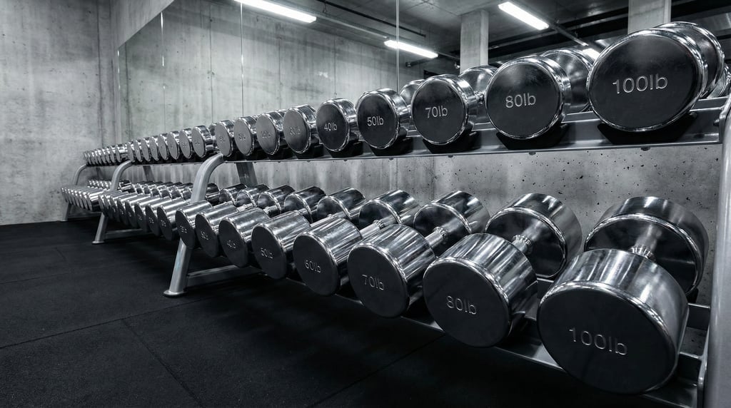 Row of chrome dumbbells on a rack in ascending weight order