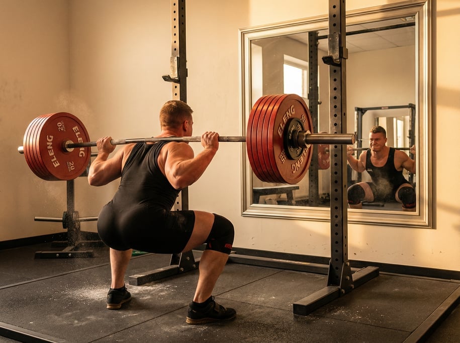 Athlete performing a heavy back squat at the bottom of the movement