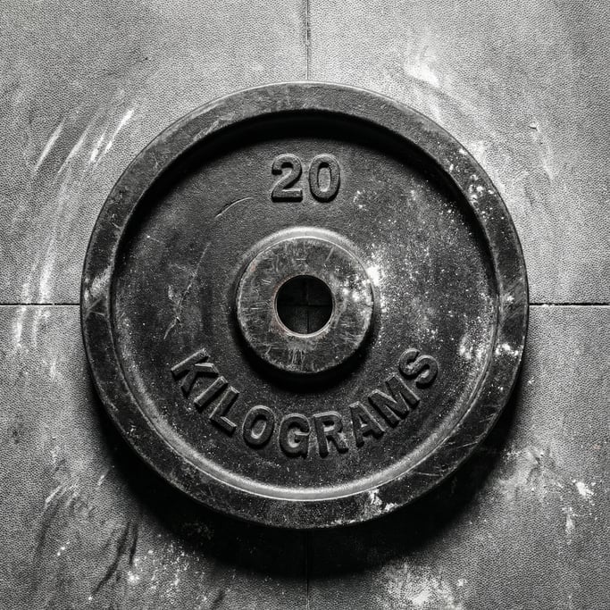Top-down close-up of a barbell plate with the number 20 embossed on matte black iron