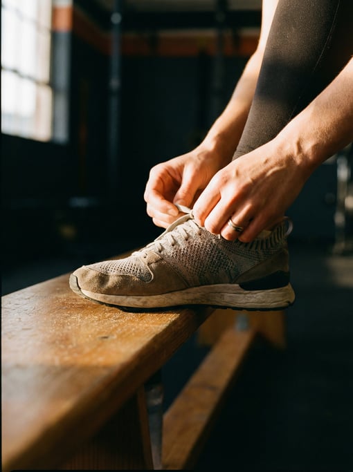 Close-up of a woman tying her sneaker laces on a gym bench, only the hands and shoe visible