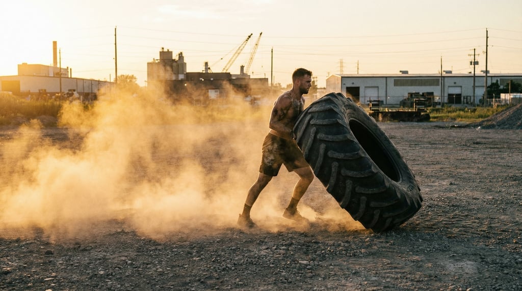 Wide shot of a tire flip workout: massive tractor tire being flipped by an athlete in an outdoor gra