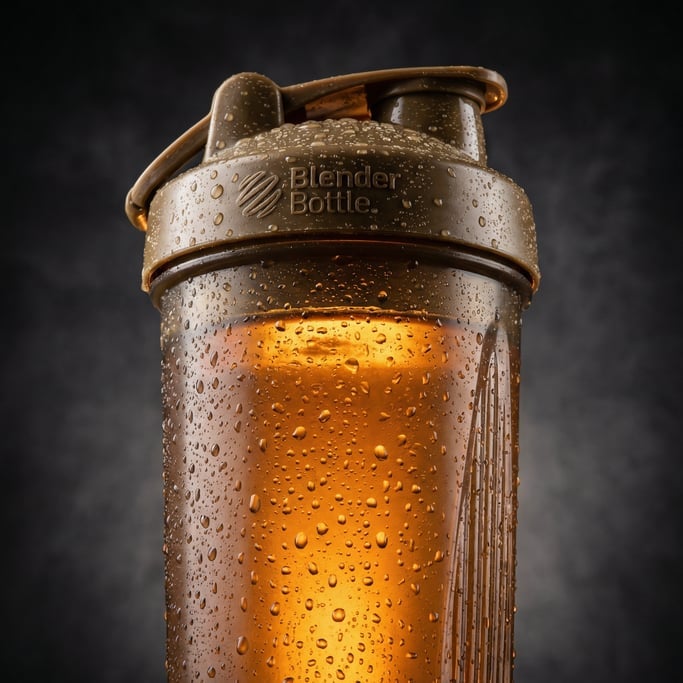 Close-up of a protein shaker bottle with condensation droplets on the surface, dark background