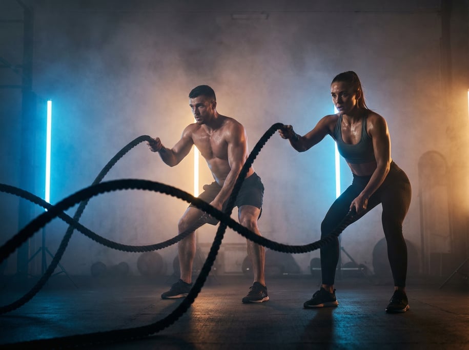 Two athletes doing battle rope exercises in sync, waves rippling through heavy ropes