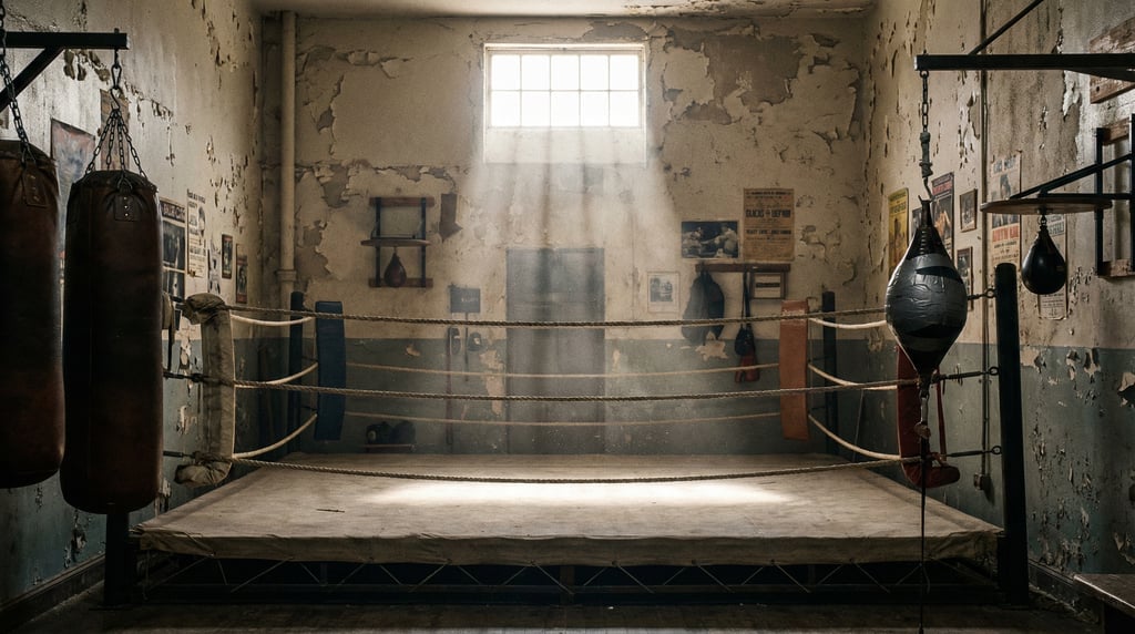 Atmospheric shot of an old-school boxing gym with heavy bags, speed bags, and a worn canvas ring