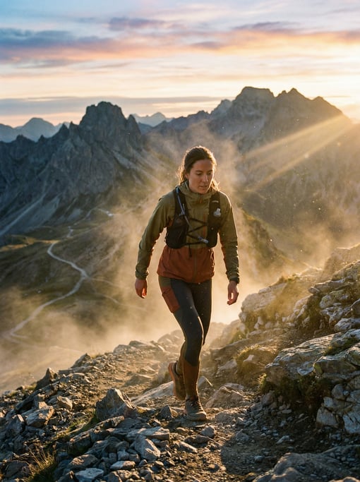 Female trail runner ascending a rocky mountain path at sunrise, wearing muted earth-toned gear
