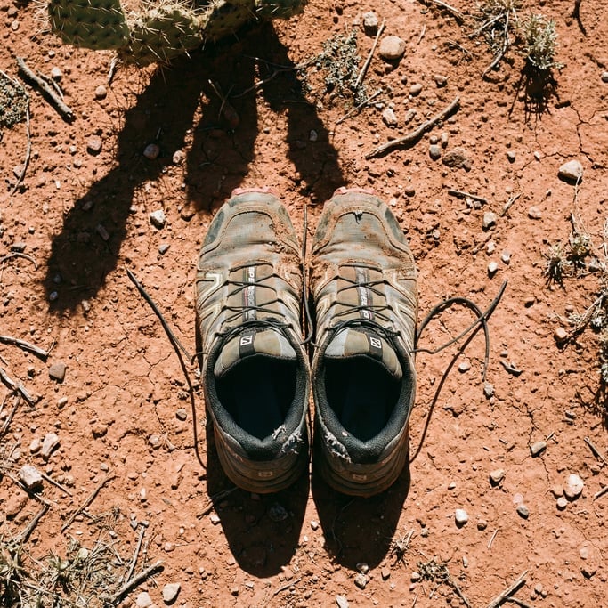 Overhead shot of a worn pair of trail running shoes on red desert dirt, laces untied