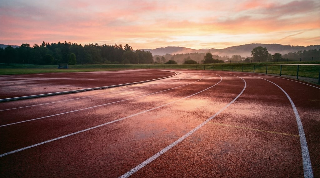 Wide shot of an empty running track at dawn with lane markings in white on red rubber