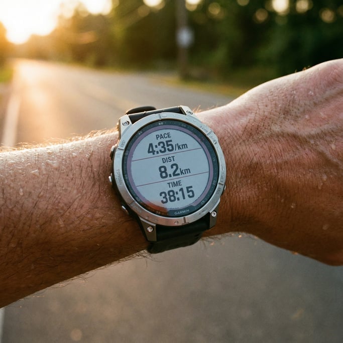 Close-up of a runner GPS watch on a wrist during a run, screen showing pace data