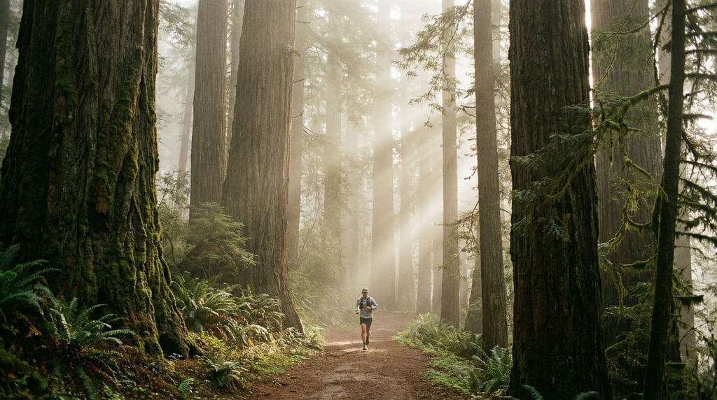 Runner on a misty forest trail surrounded by tall redwoods