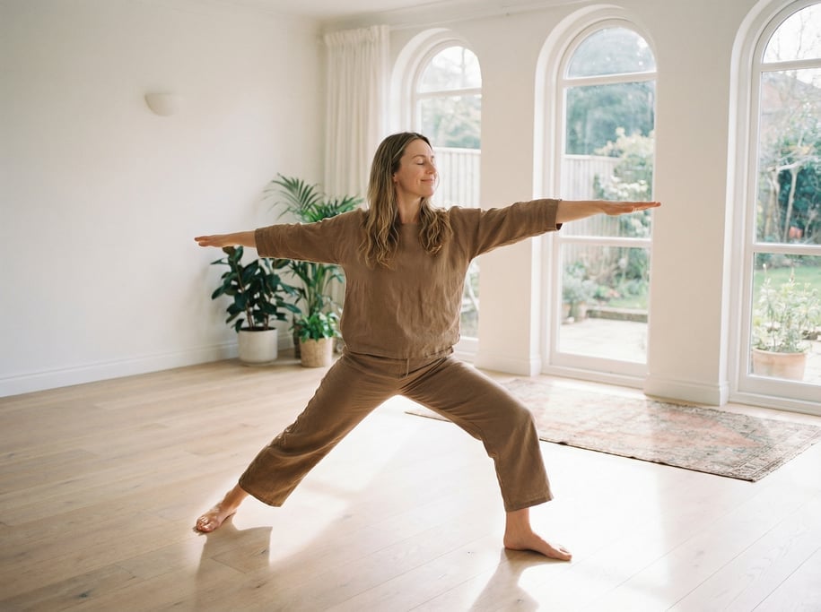Serene yoga practitioner in warrior two pose in a bright airy studio with pale wood floors