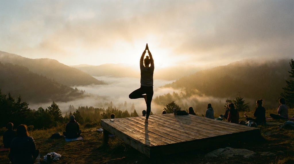 Wide shot of an outdoor yoga session on a wooden deck overlooking a misty mountain valley at dawn