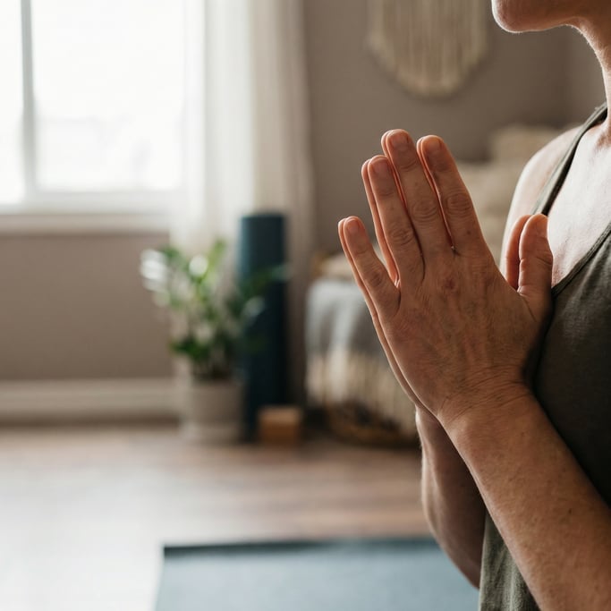 Close-up of hands in prayer position at the chest during meditation